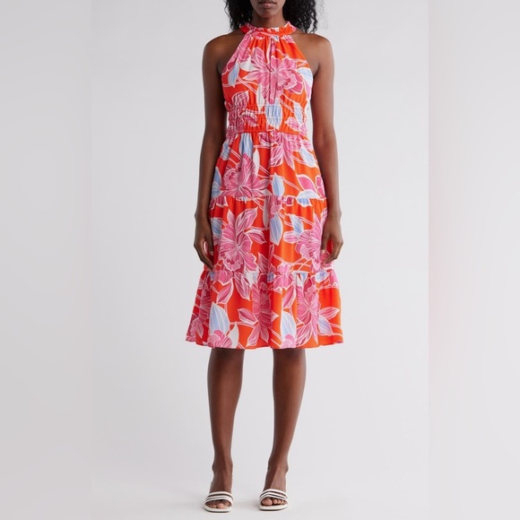 Eliza J Halter Tropical Tiered Midi Dress in Poppy